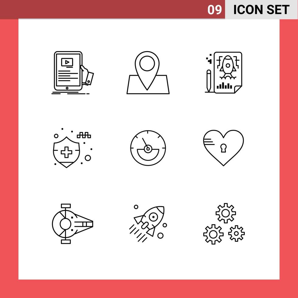 Group of 9 Modern Outlines Set for ampere meter insurance pad lock car insurance file Editable Vector Design Elements