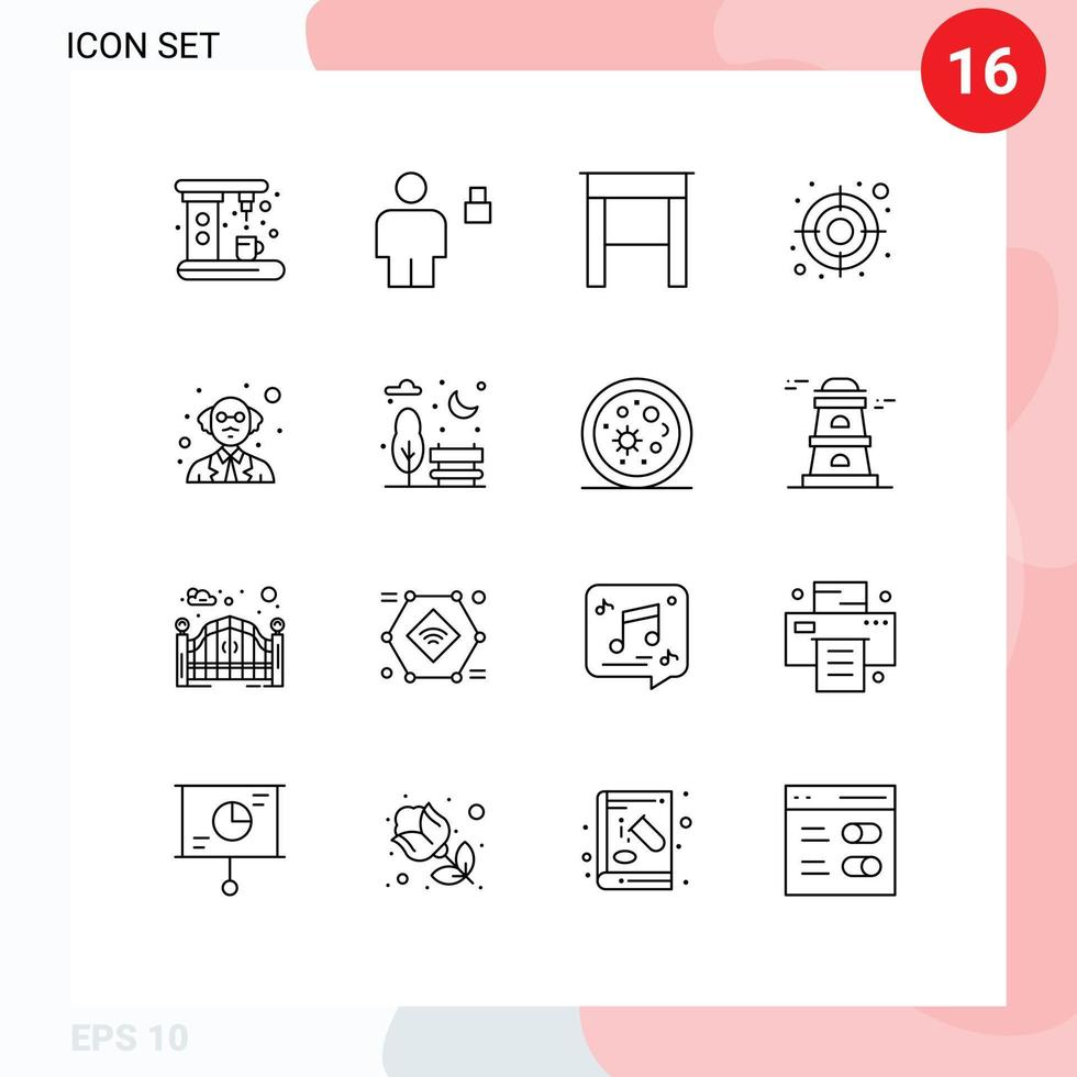 Pack of 16 Modern Outlines Signs and Symbols for Web Print Media such as science person padlock user audience Editable Vector Design Elements