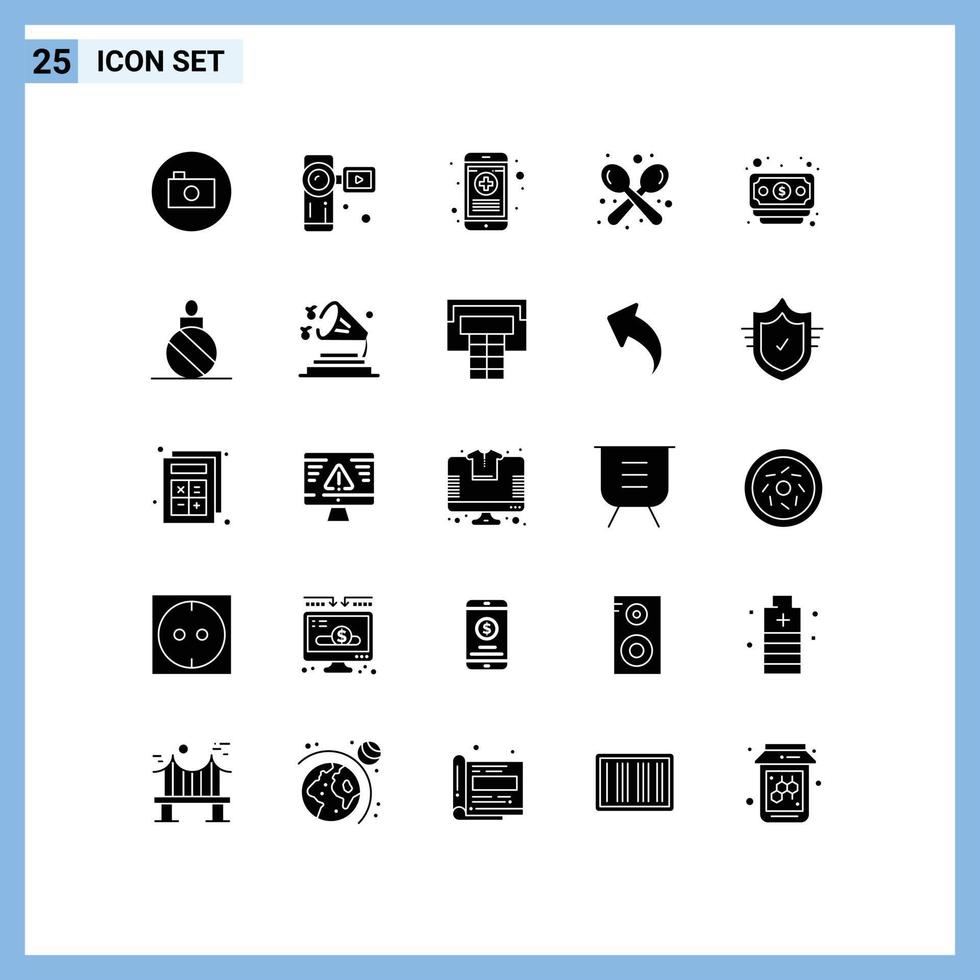 Mobile Interface Solid Glyph Set of 25 Pictograms of banking spoon medical shop coffee Editable Vector Design Elements