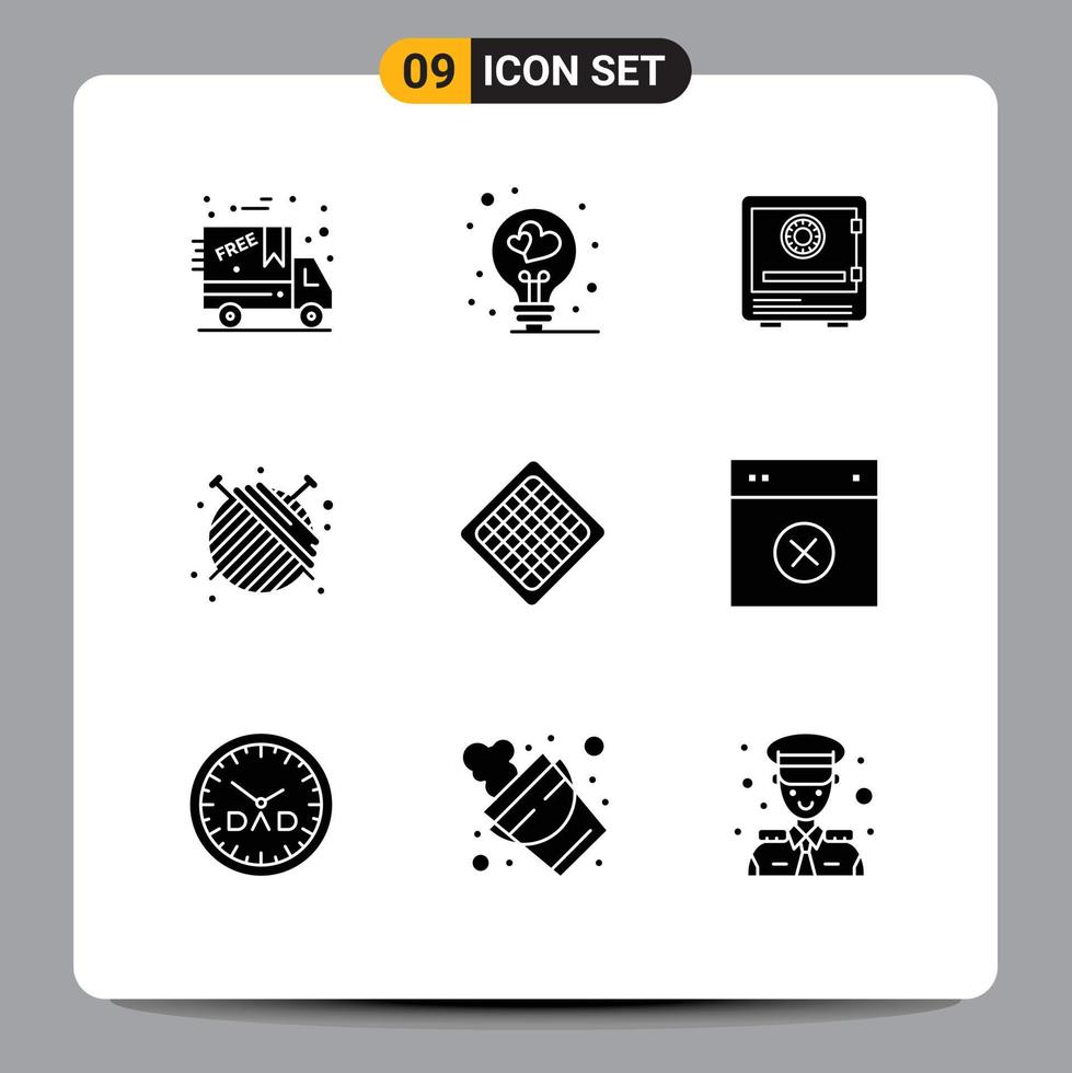 Solid Glyph Pack of 9 Universal Symbols of yarn dressmaker bank ball safety Editable Vector Design Elements