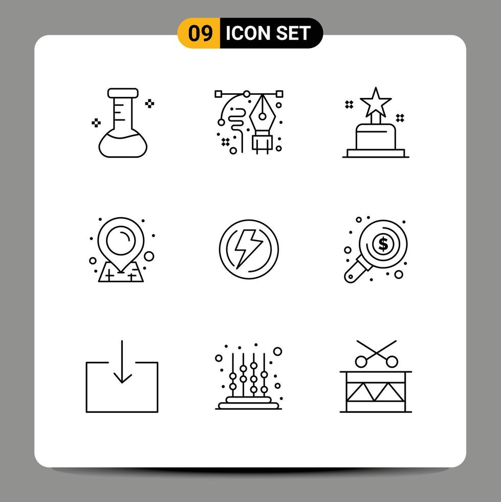 Set of 9 Vector Outlines on Grid for industry light award bolt map Editable Vector Design Elements