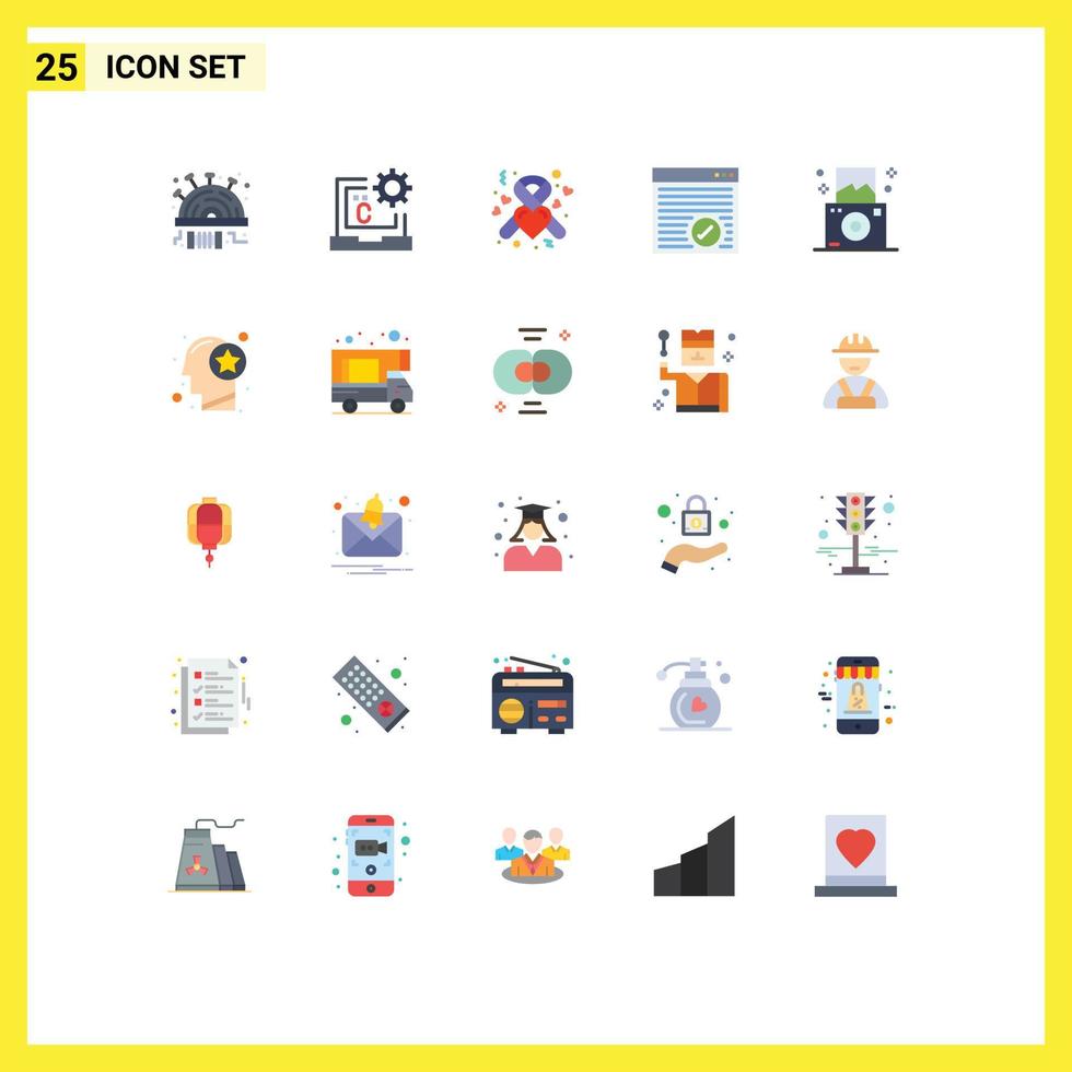 Pack of 25 Modern Flat Colors Signs and Symbols for Web Print Media such as camera online development internet ribbon Editable Vector Design Elements