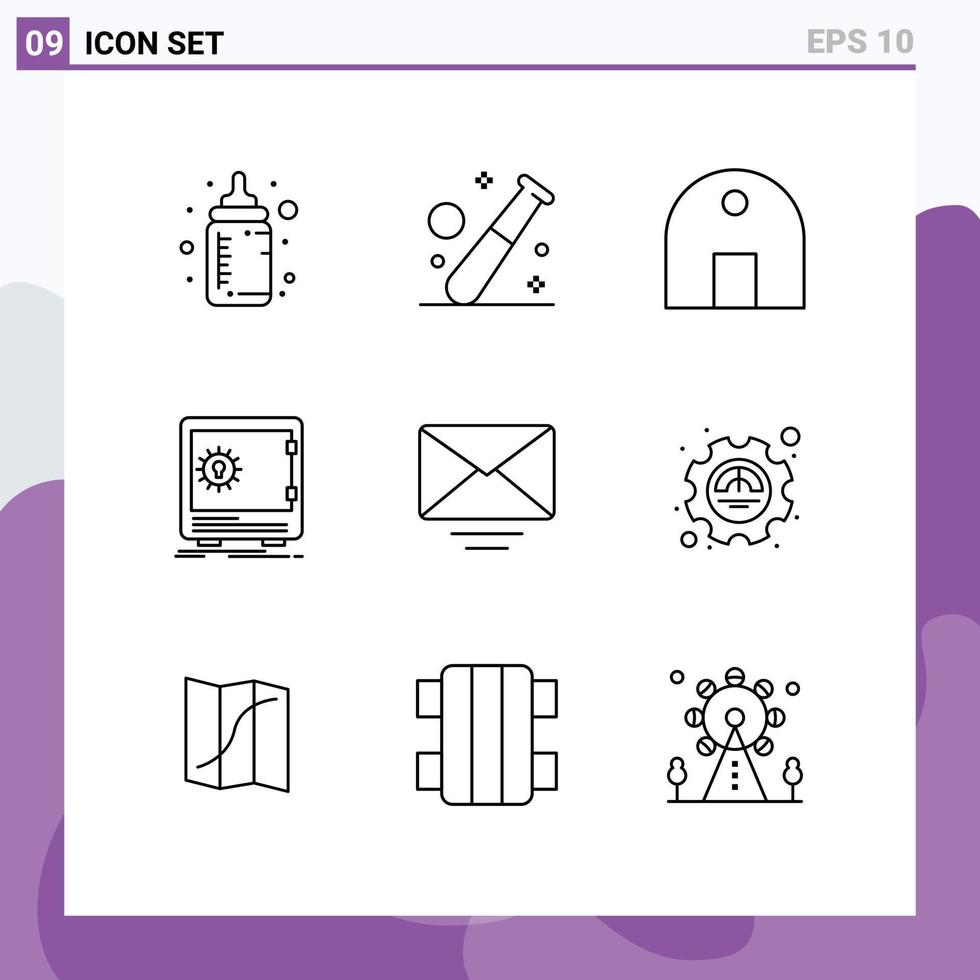 Editable Vector Line Pack of 9 Simple Outlines of safety deposit healthcare bank mosque Editable Vector Design Elements