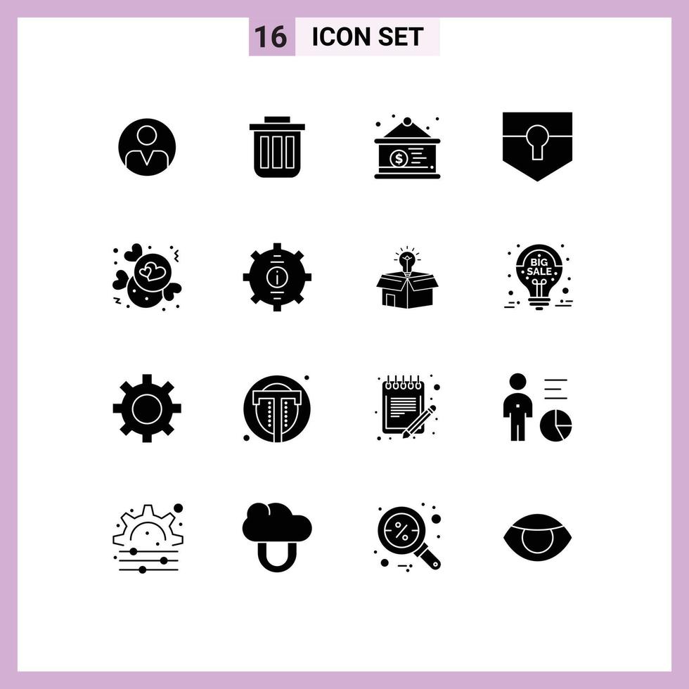 Universal Icon Symbols Group of 16 Modern Solid Glyphs of security key container dollar sign currency Editable Vector Design Elements