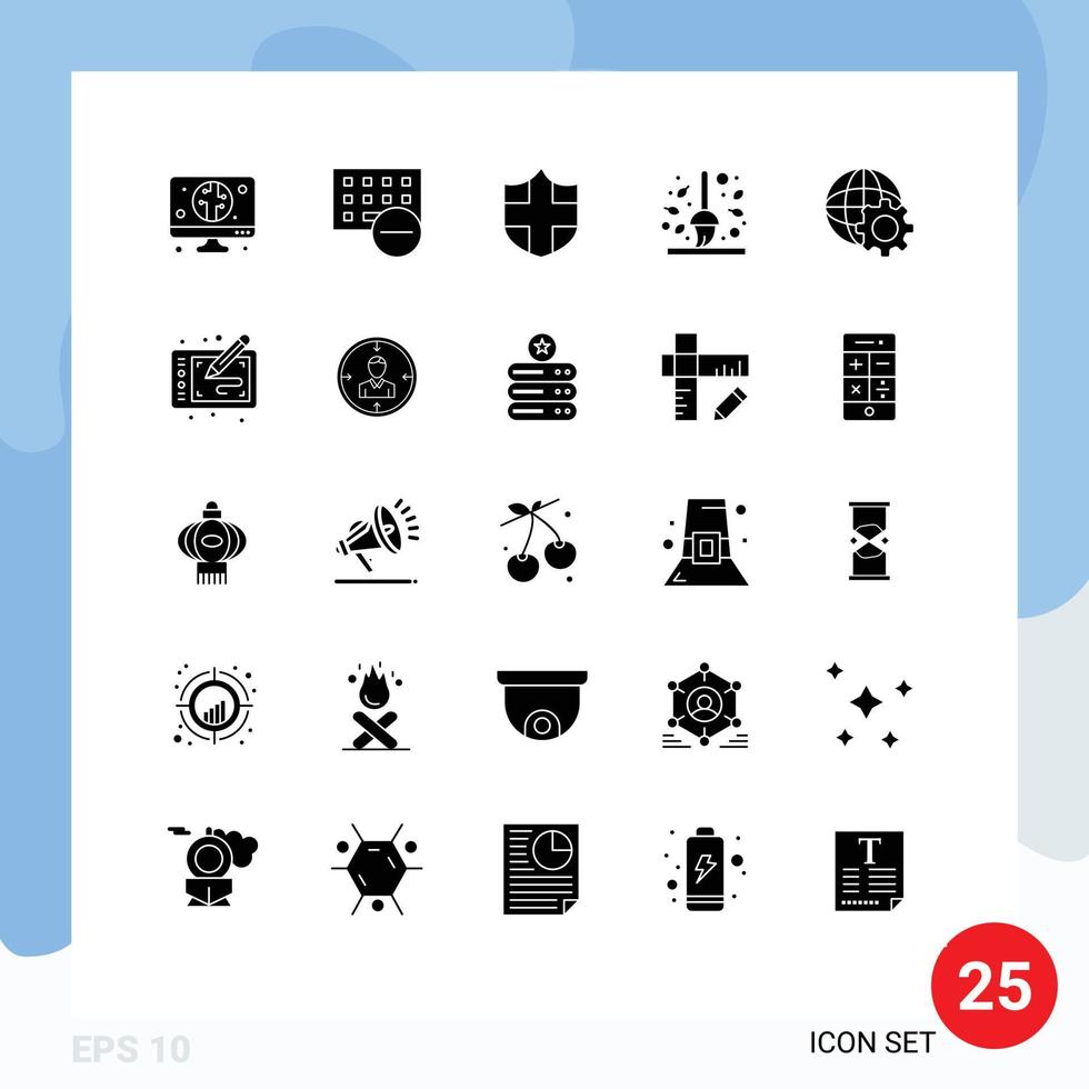 Group of 25 Solid Glyphs Signs and Symbols for globe rake protection leaf broom Editable Vector Design Elements