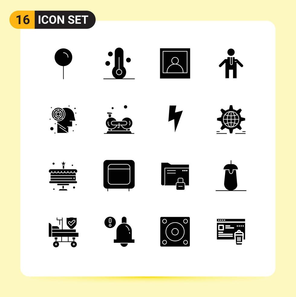 16 User Interface Solid Glyph Pack of modern Signs and Symbols of fitness cycling man brain labyrinth Editable Vector Design Elements
