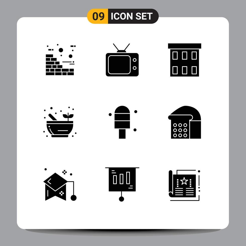 9 User Interface Solid Glyph Pack of modern Signs and Symbols of food ice business cream science Editable Vector Design Elements