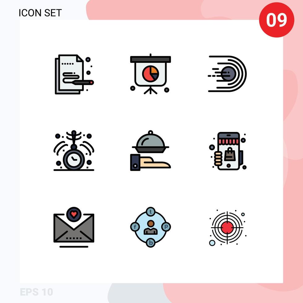 Modern Set of 9 Filledline Flat Colors Pictograph of line medical comet hypnosis clock Editable Vector Design Elements