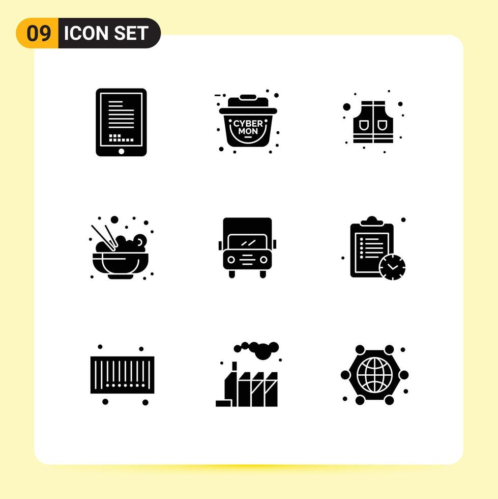 Editable Vector Line Pack of 9 Simple Solid Glyphs of schedule truck life transport rice Editable Vector Design Elements