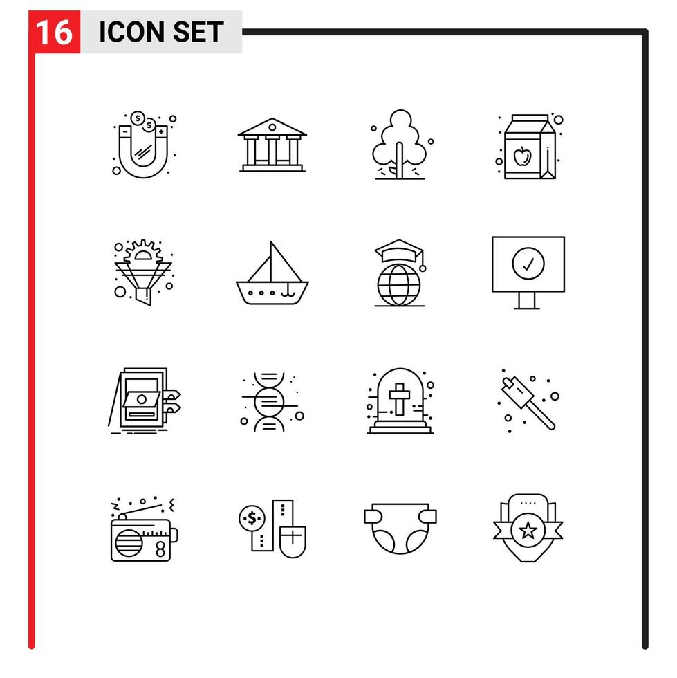 16 Thematic Vector Outlines and Editable Symbols of funnel cog pine bottle juice Editable Vector Design Elements