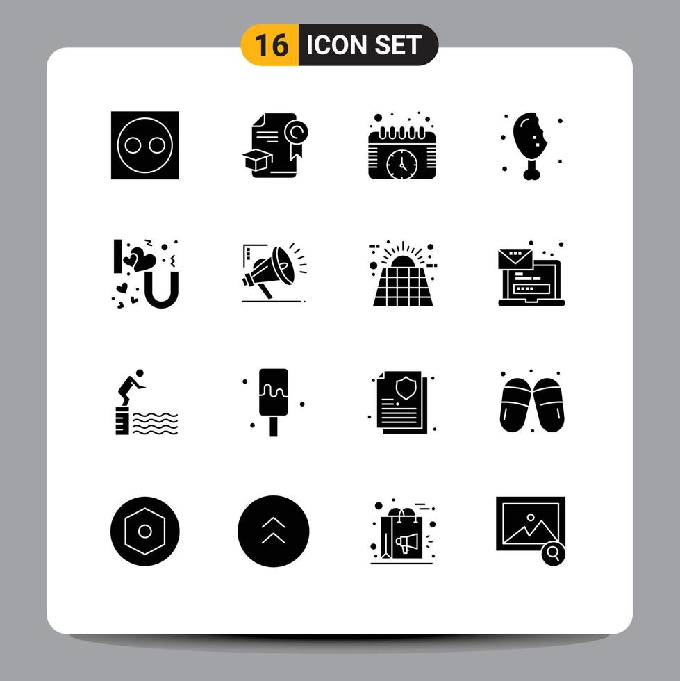Modern Set of 16 Solid Glyphs and symbols such as heart lettering thanksgiving award meat watch Editable Vector Design Elements