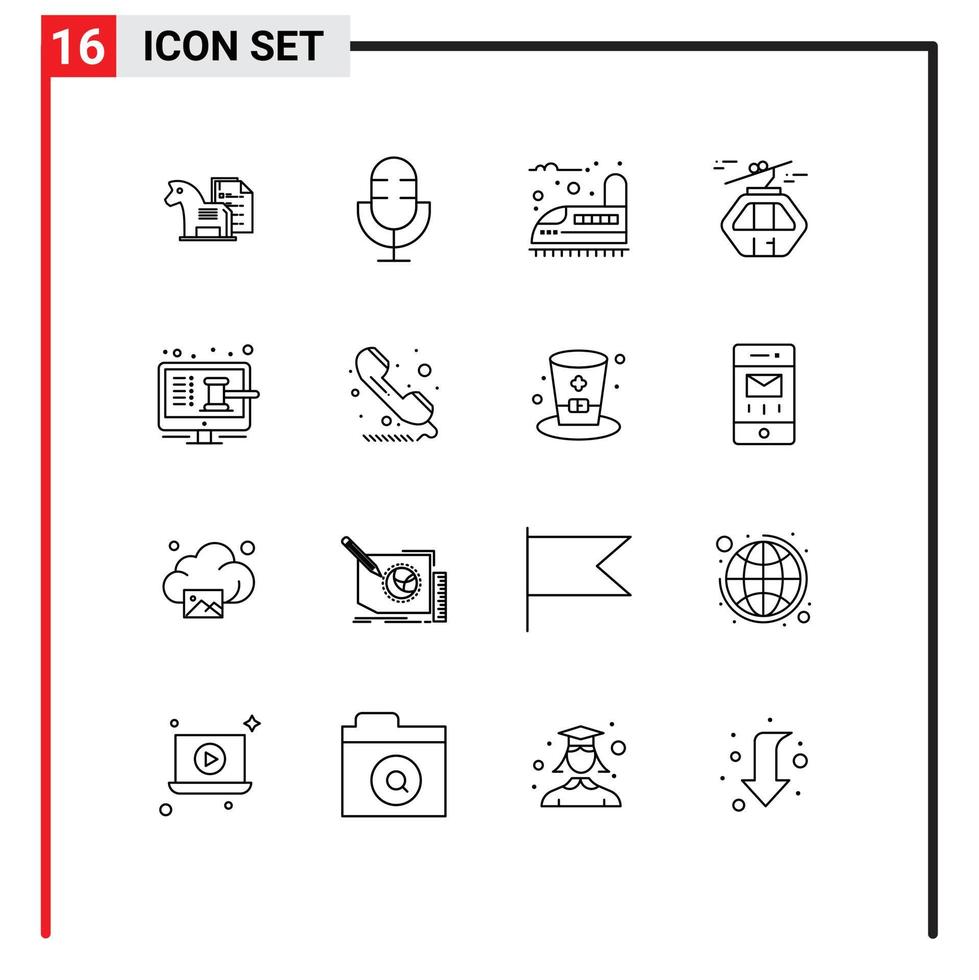 User Interface Pack of 16 Basic Outlines of canada alpine microphone transport railway Editable Vector Design Elements