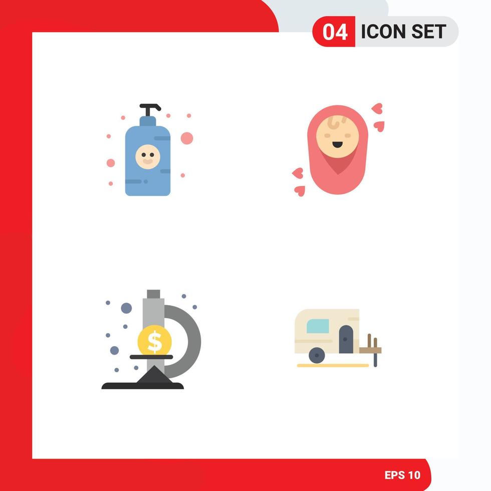 4 Universal Flat Icons Set for Web and Mobile Applications baby lotion research fund lotion bottle children camp Editable Vector Design Elements