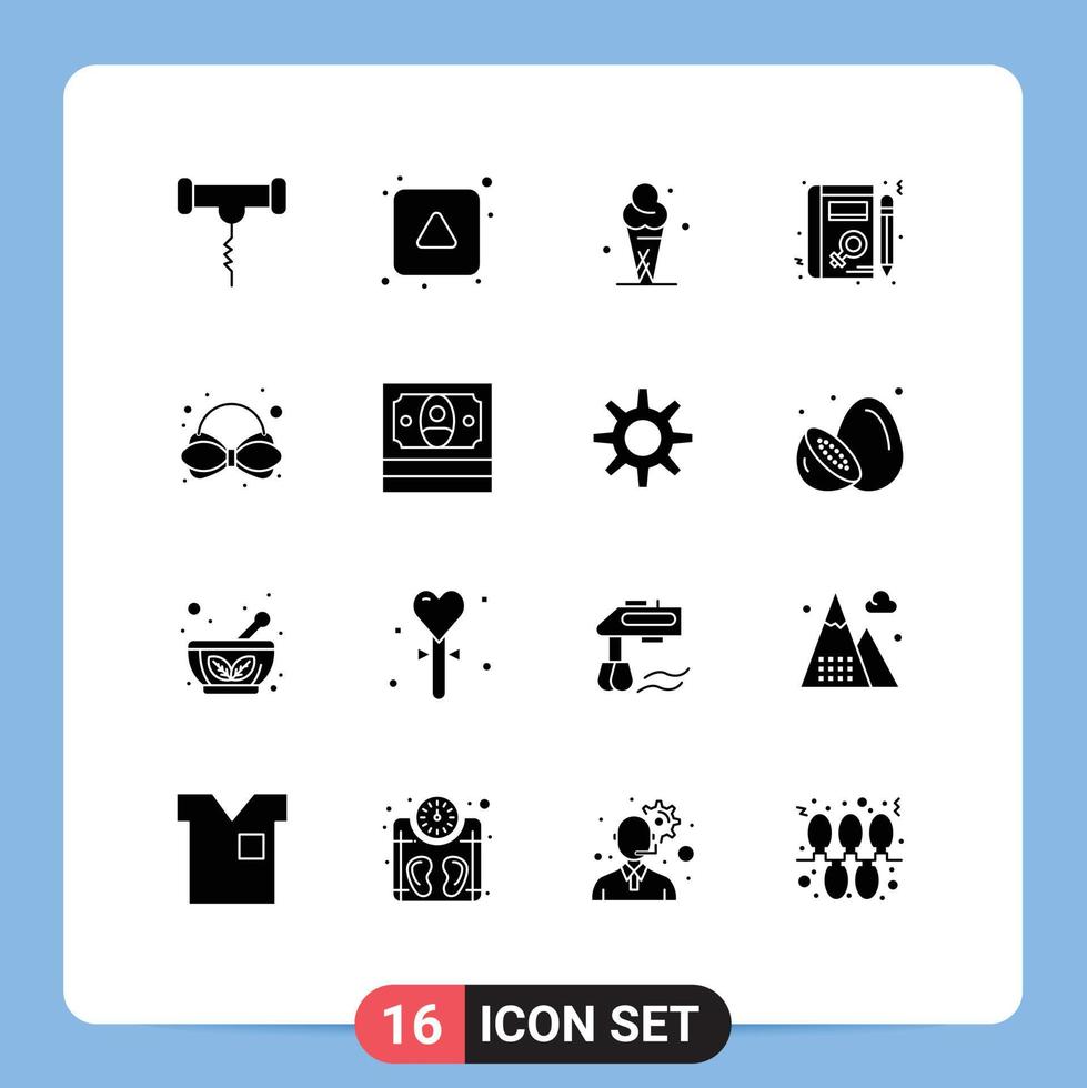 Pack of 16 Modern Solid Glyphs Signs and Symbols for Web Print Media such as carnival learning ice cream woman book Editable Vector Design Elements
