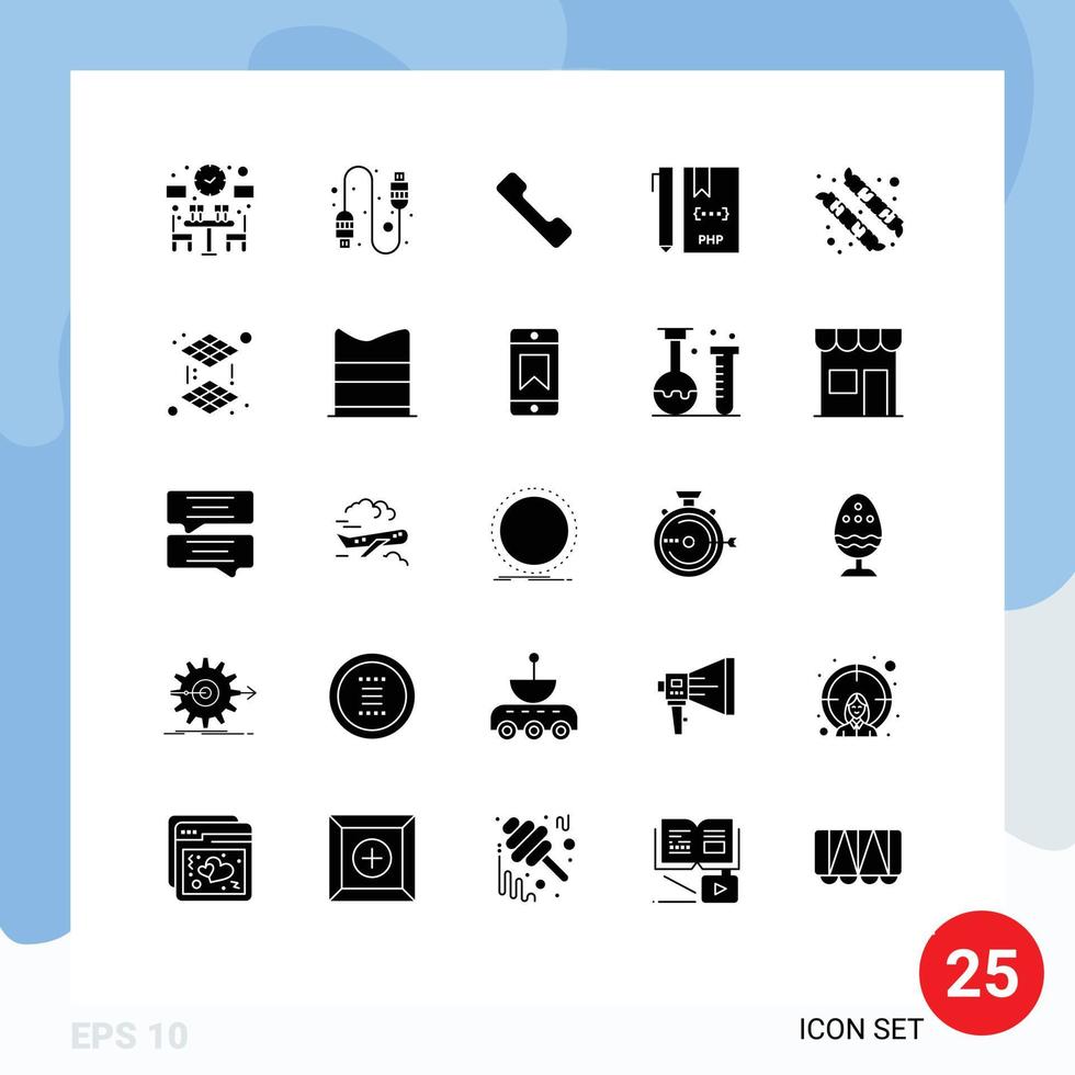 Pack of 25 Modern Solid Glyphs Signs and Symbols for Web Print Media such as marshmallow camping call php development Editable Vector Design Elements