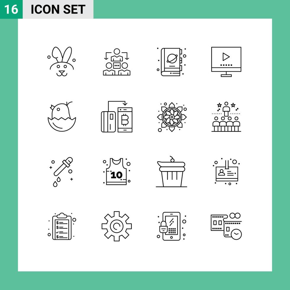 16 Universal Outlines Set for Web and Mobile Applications chicken tv fiction technology devices Editable Vector Design Elements