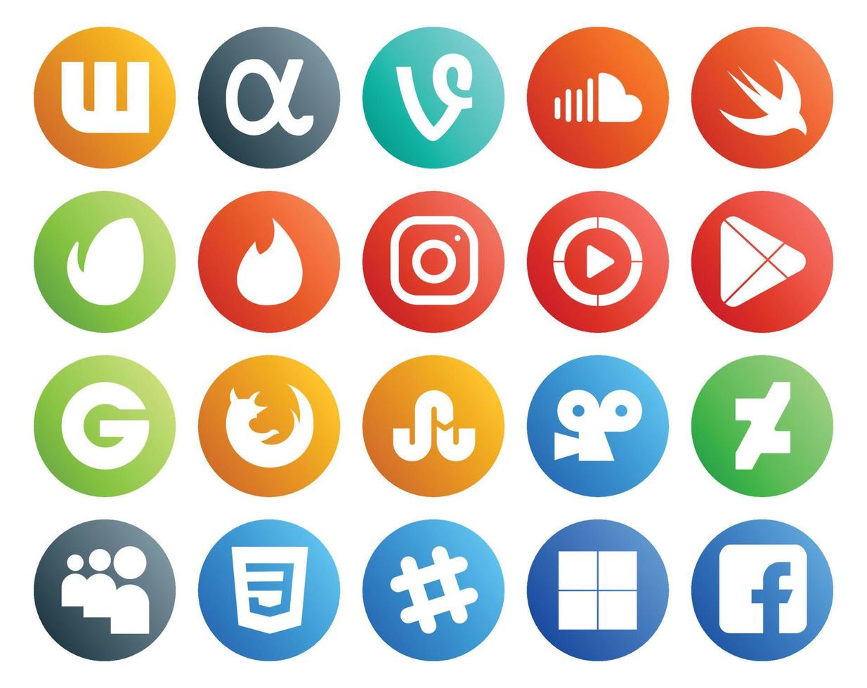 20 social medios de comunicación icono paquete incluso tropezar con Firefox Tinder grupo google jugar vector