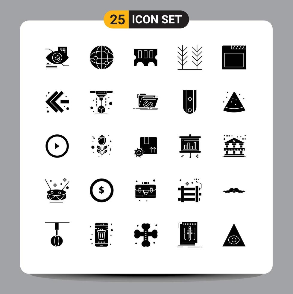 Set of 25 Commercial Solid Glyphs pack for fast forward tabs memory browser wheat Editable Vector Design Elements
