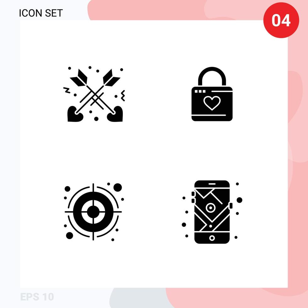 Set of 4 Modern UI Icons Symbols Signs for affection goal lock heart hacker gps Editable Vector Design Elements