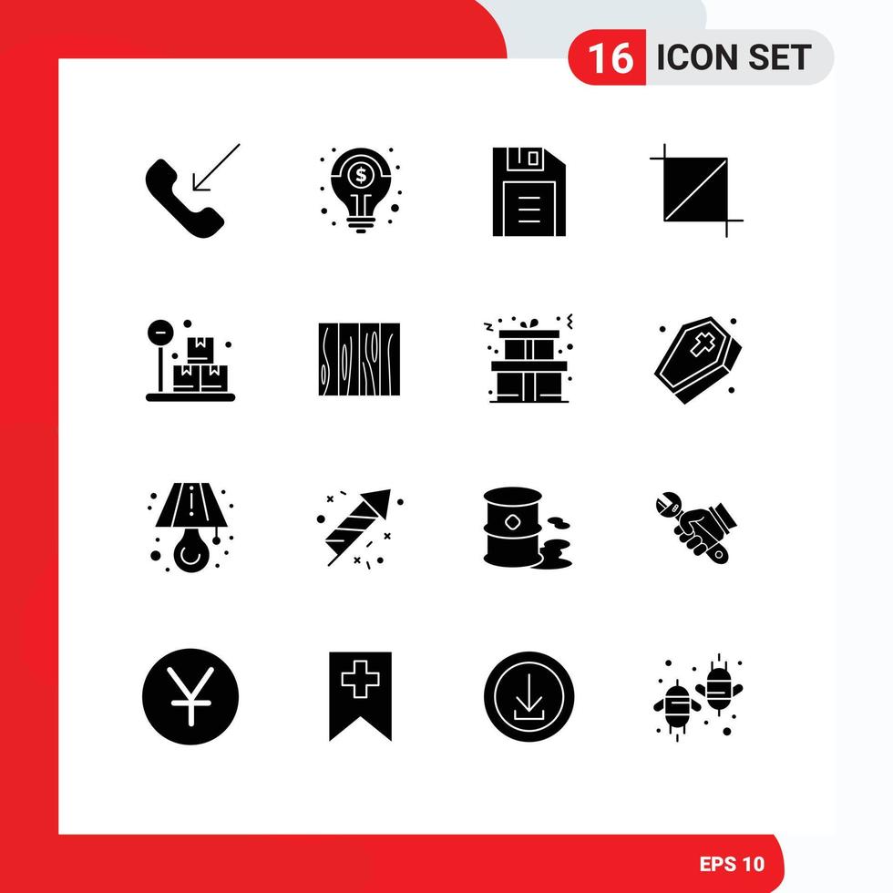 Group of 16 Solid Glyphs Signs and Symbols for weight box floppy disk tool screen Editable Vector Design Elements