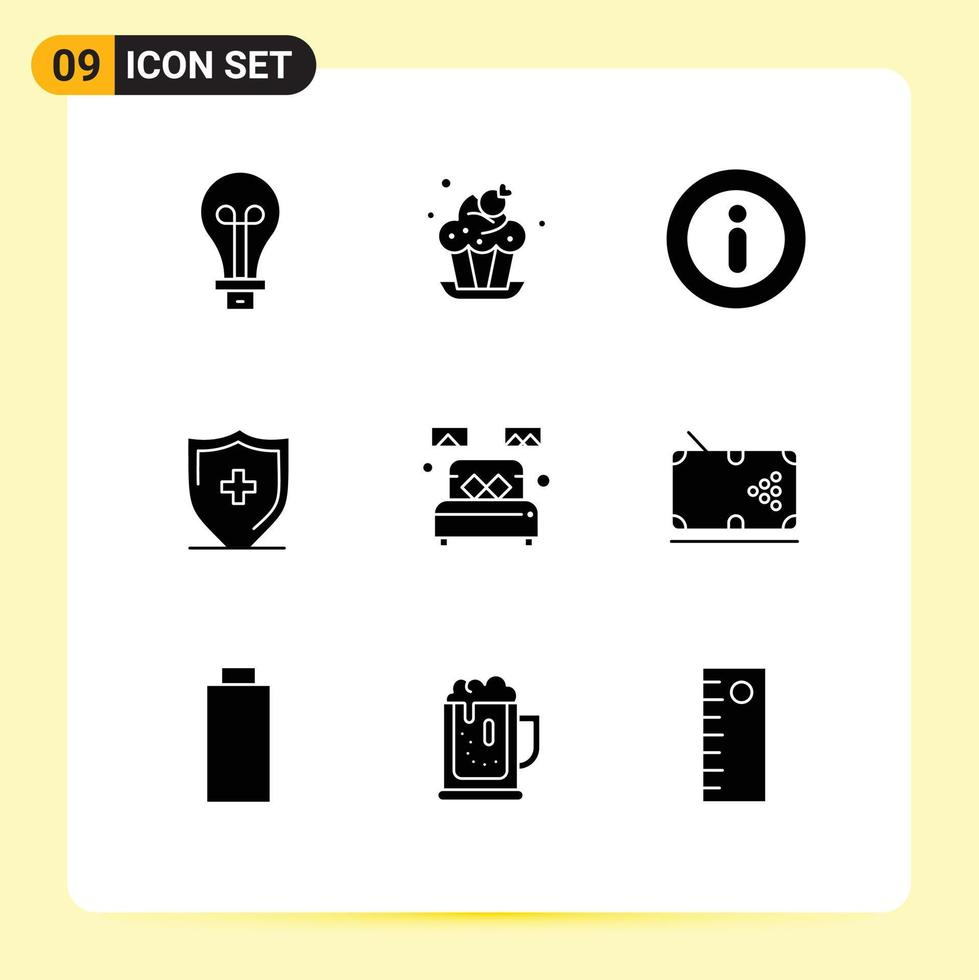Universal Icon Symbols Group of 9 Modern Solid Glyphs of single bed info shield sign Editable Vector Design Elements