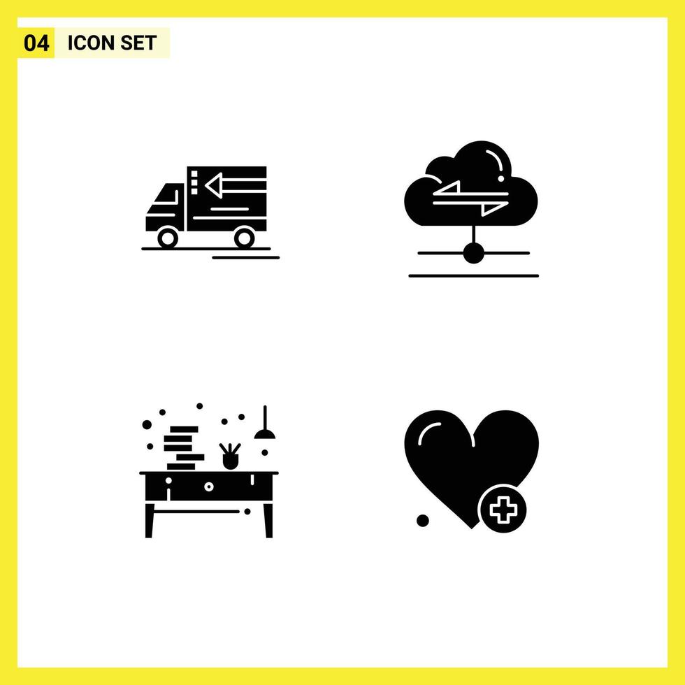 Pack of 4 creative Solid Glyphs of truck desk vehicle send office Editable Vector Design Elements