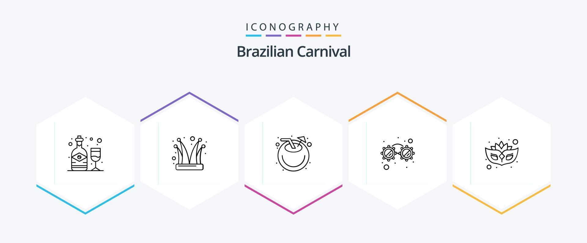 brasileño carnaval 25 línea icono paquete incluso mascarilla. fiesta. bufón gorra. lentes. jugo vector