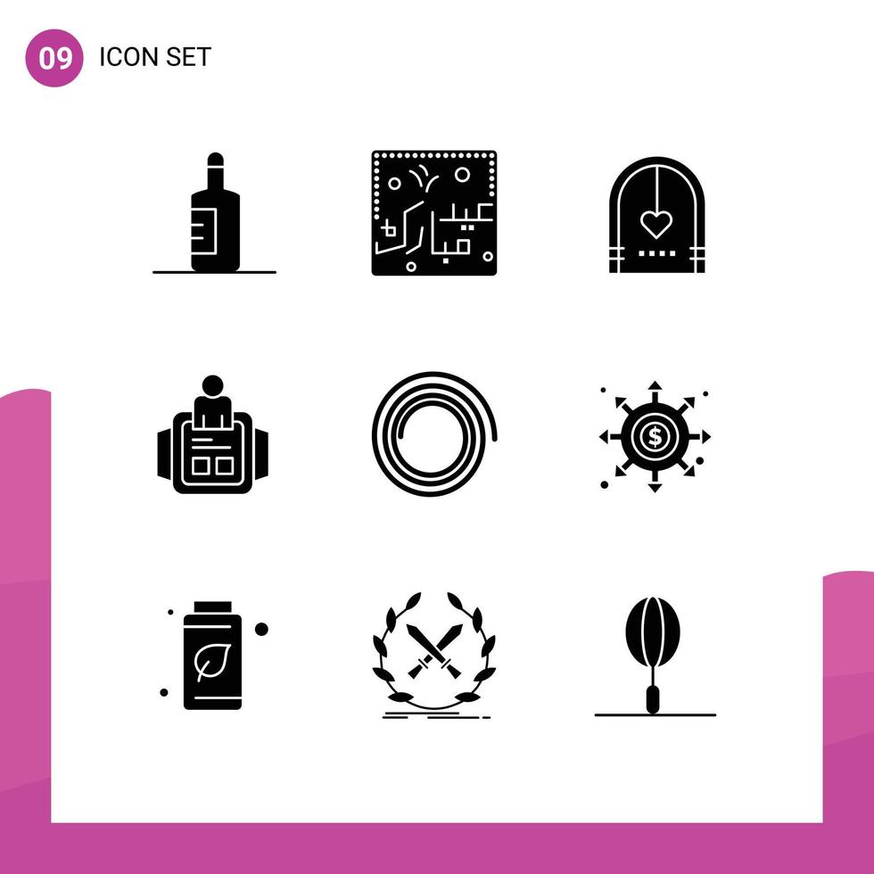 Pack of 9 creative Solid Glyphs of shape time arch man wedding Editable Vector Design Elements