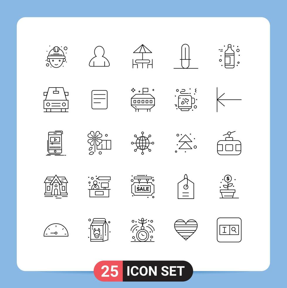 25 User Interface Line Pack of modern Signs and Symbols of vehicles wine furniture bottle weapon Editable Vector Design Elements