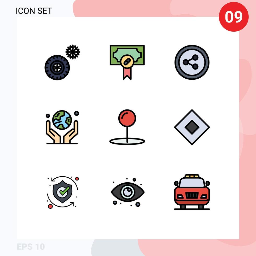 9 Universal Filledline Flat Color Signs Symbols of sign pin social media coordinate planet Editable Vector Design Elements