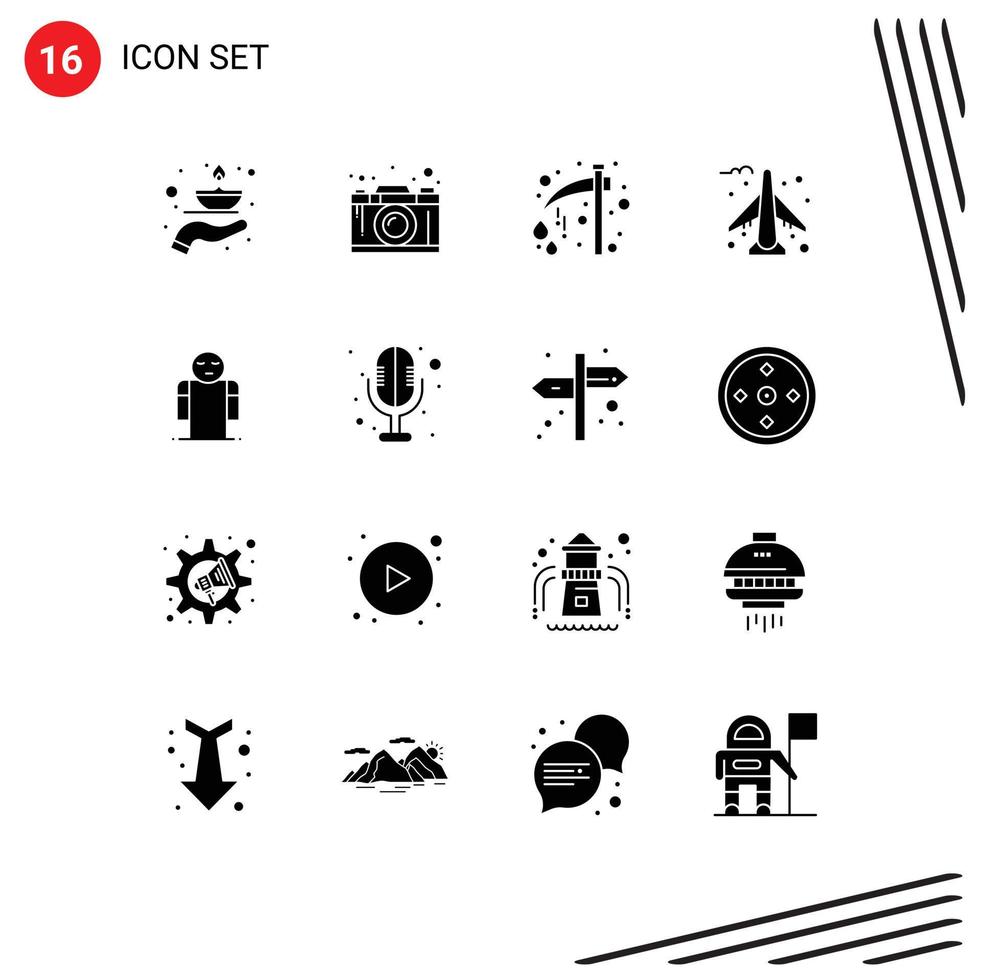 Mobile Interface Solid Glyph Set of 16 Pictograms of plane airplane graphic scary halloween Editable Vector Design Elements
