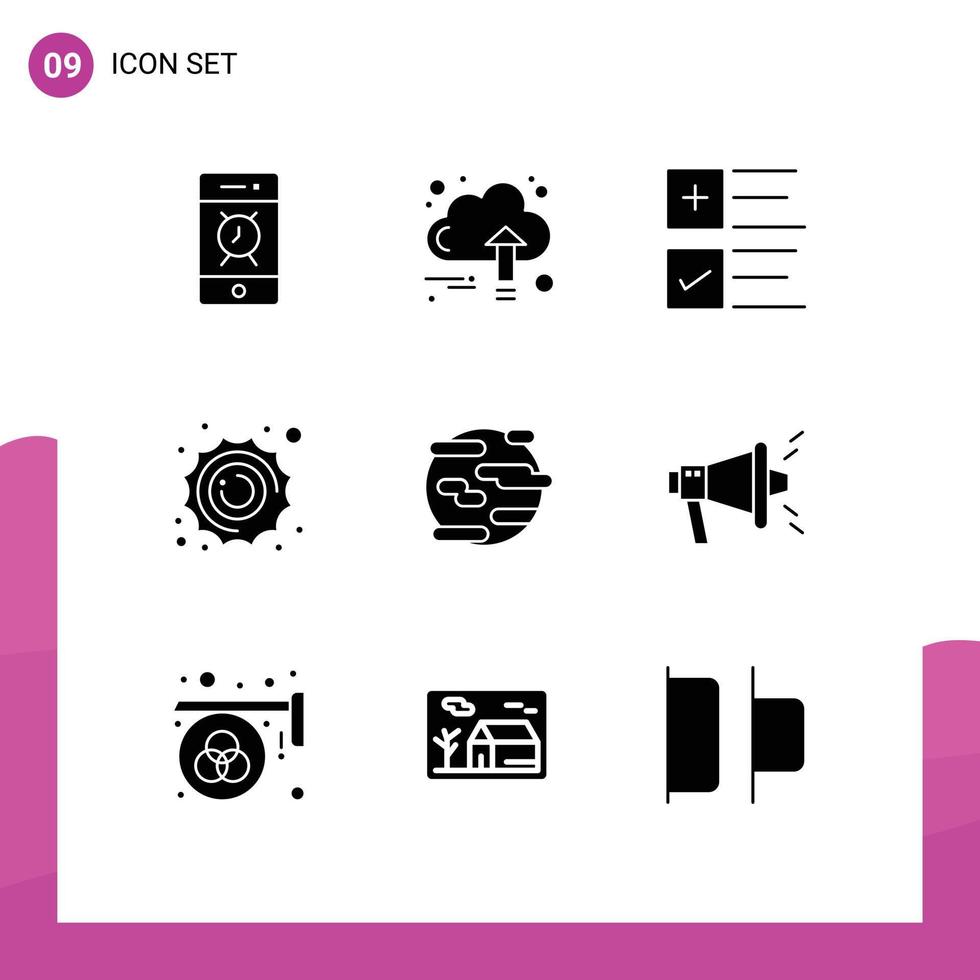 Mobile Interface Solid Glyph Set of 9 Pictograms of environment planet cloud astronomy business Editable Vector Design Elements