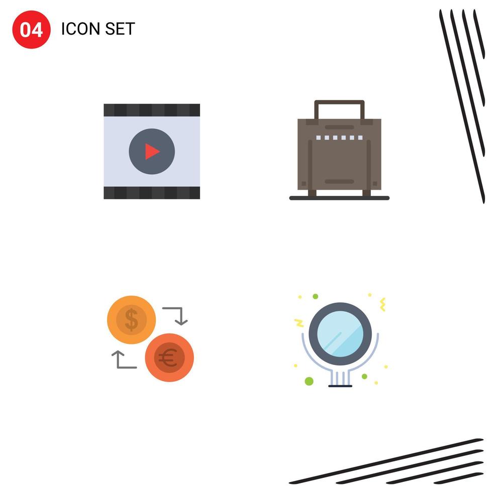 Set of 4 Vector Flat Icons on Grid for media currency web travel euro Editable Vector Design Elements