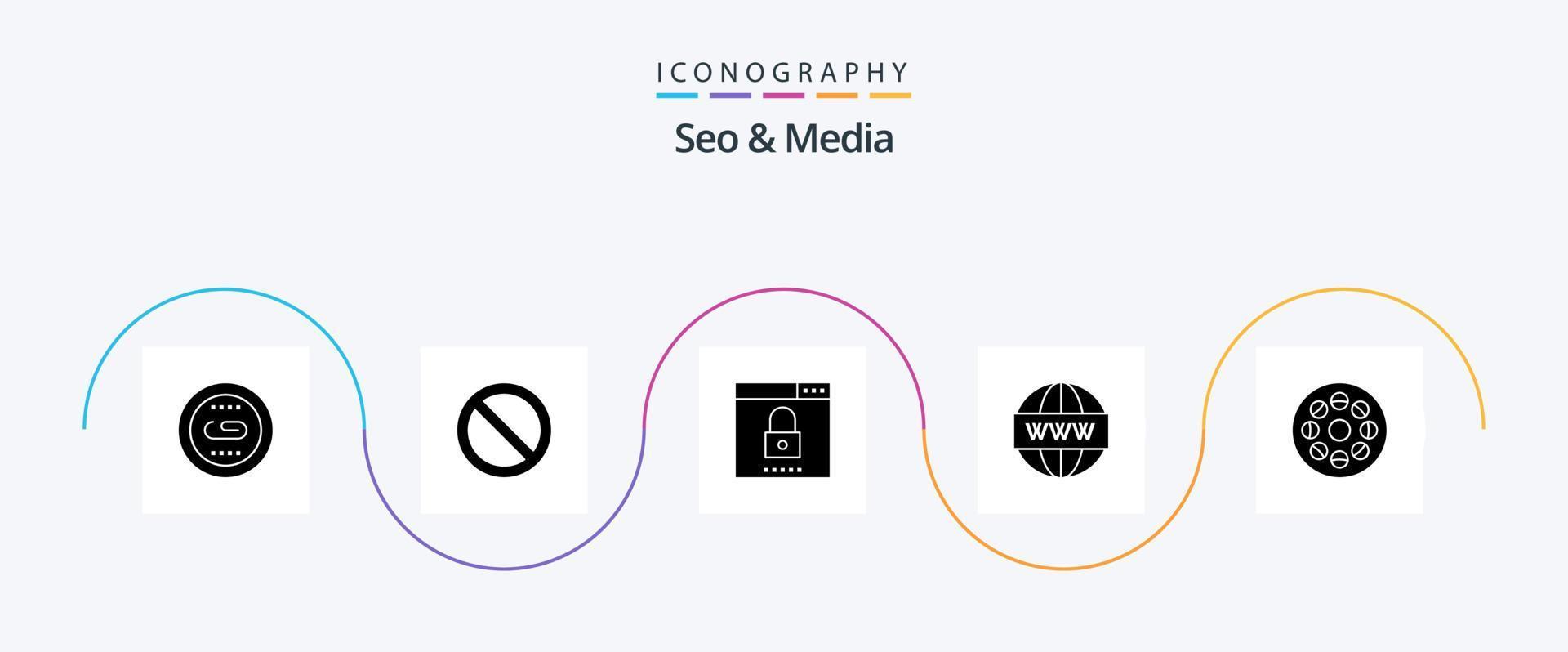 Seo and Media Glyph 5 Icon Pack Including web. search. engine. media. security vector