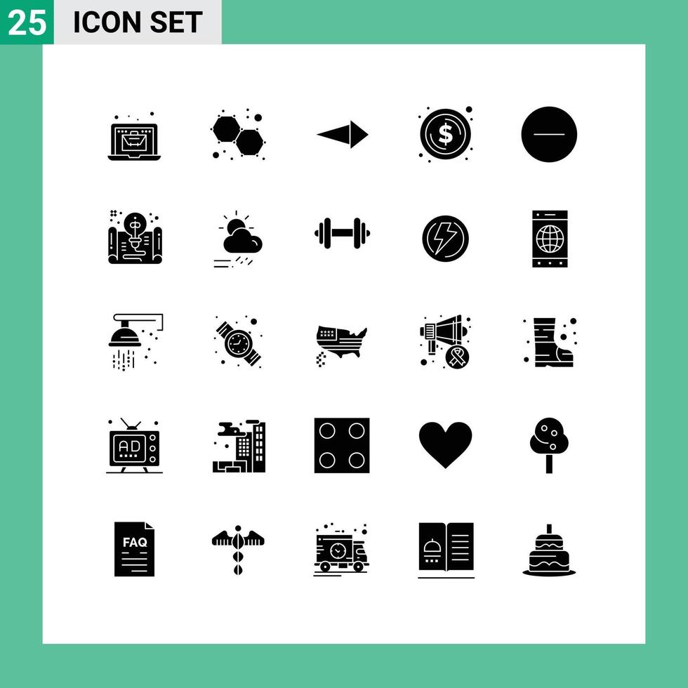 Pictogram Set of 25 Simple Solid Glyphs of multimedia media right remove dollar Editable Vector Design Elements