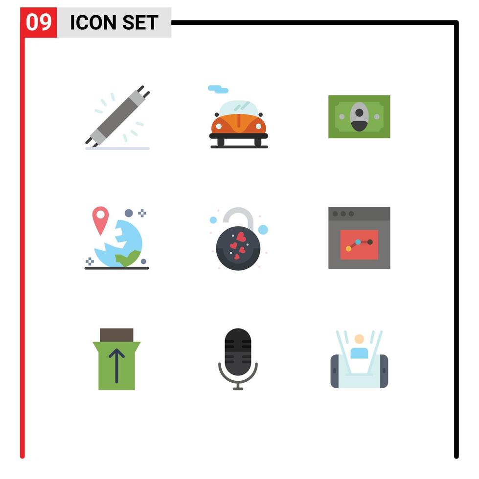 Universal Icon Symbols Group of 9 Modern Flat Colors of lock navigation cash marker location Editable Vector Design Elements