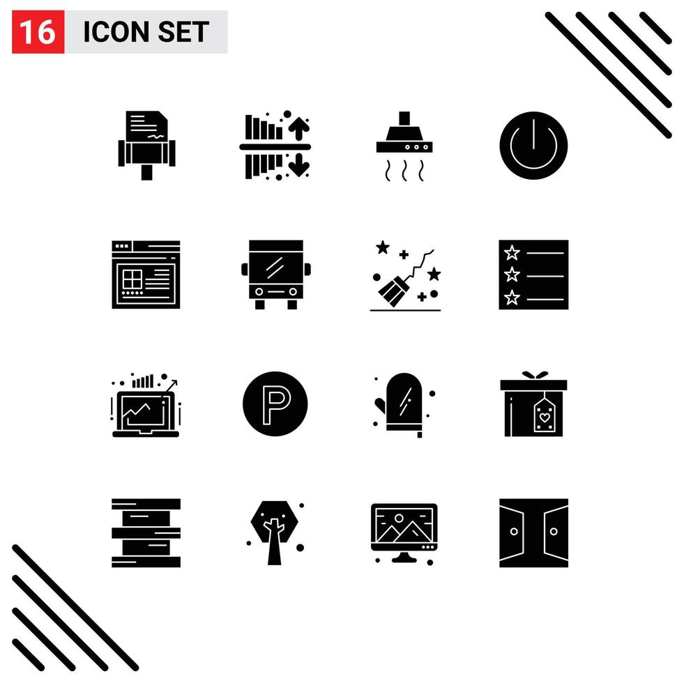 Pack of 16 creative Solid Glyphs of page power food gadgets devices Editable Vector Design Elements