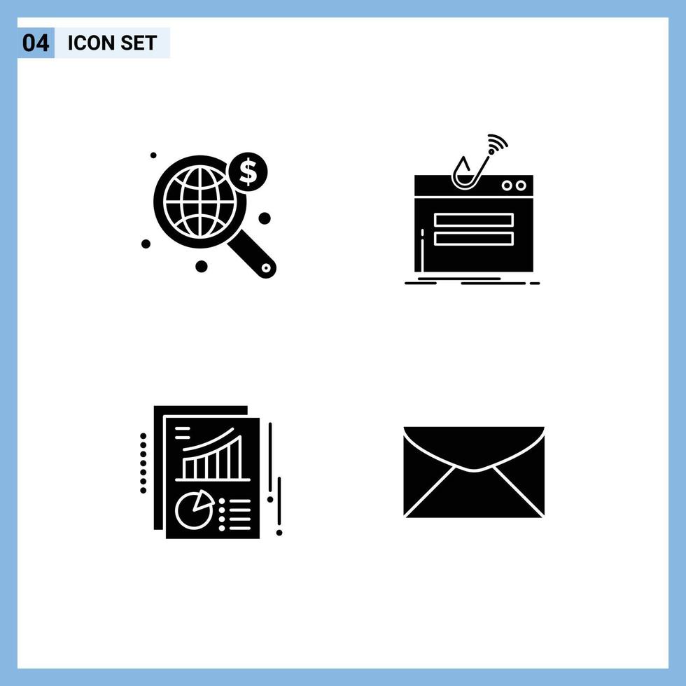 Set of 4 Commercial Solid Glyphs pack for search chart world login pie Editable Vector Design Elements