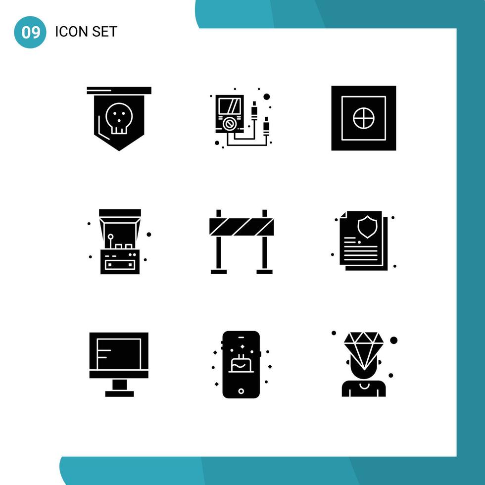 Group of 9 Modern Solid Glyphs Set for construction barricade finance play fun Editable Vector Design Elements