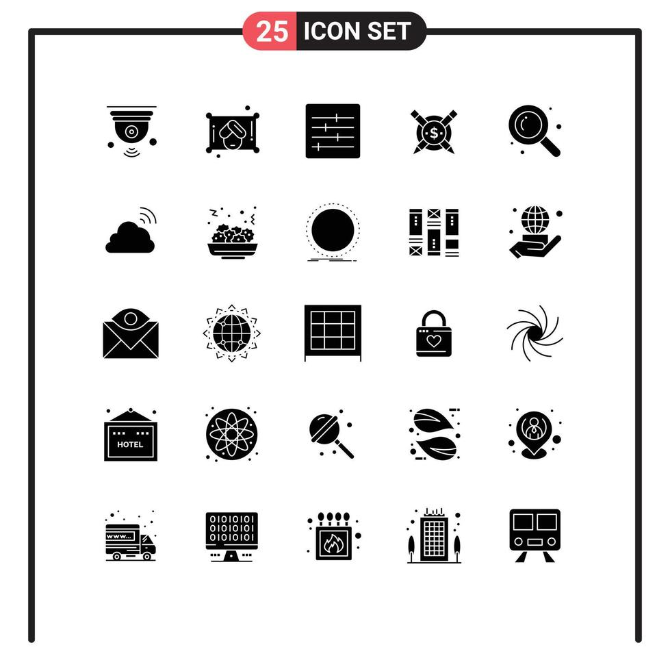 Pack of 25 creative Solid Glyphs of searching detective control digital articales Editable Vector Design Elements