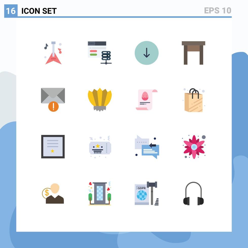 Flat Color Pack of 16 Universal Symbols of message alert down stool home Editable Pack of Creative Vector Design Elements
