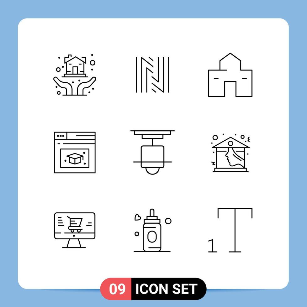 Pack of 9 Modern Outlines Signs and Symbols for Web Print Media such as furniture cap building education shack Editable Vector Design Elements