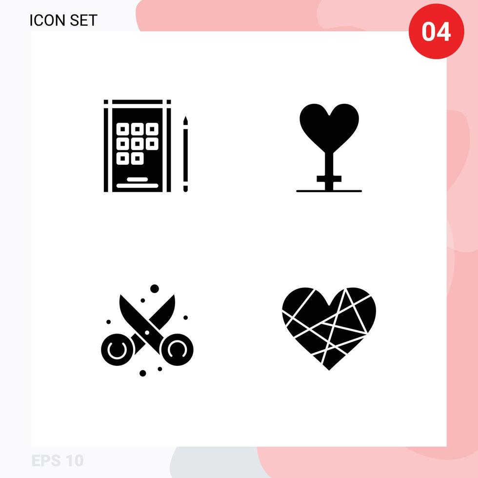 Modern Set of 4 Solid Glyphs and symbols such as book scissor heart clippers heart Editable Vector Design Elements