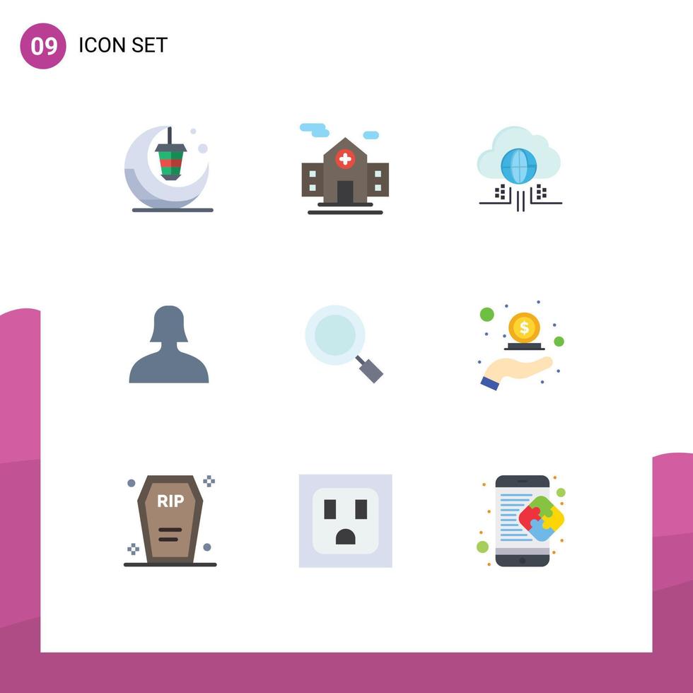 Mobile Interface Flat Color Set of 9 Pictograms of magnify general internet woman avatar Editable Vector Design Elements