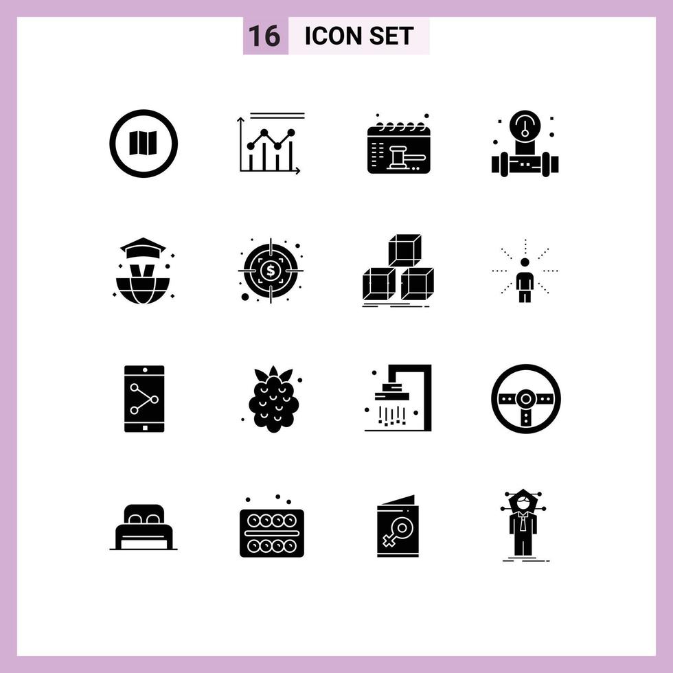 Modern Set of 16 Solid Glyphs Pictograph of water plump growth manometer date Editable Vector Design Elements