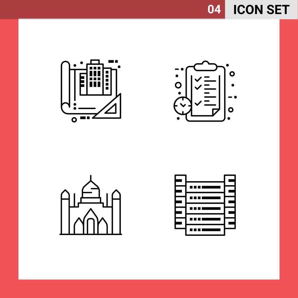 Editable Vector Line Pack of 4 Simple Filledline Flat Colors of building watch construction clock bangladesh Editable Vector Design Elements