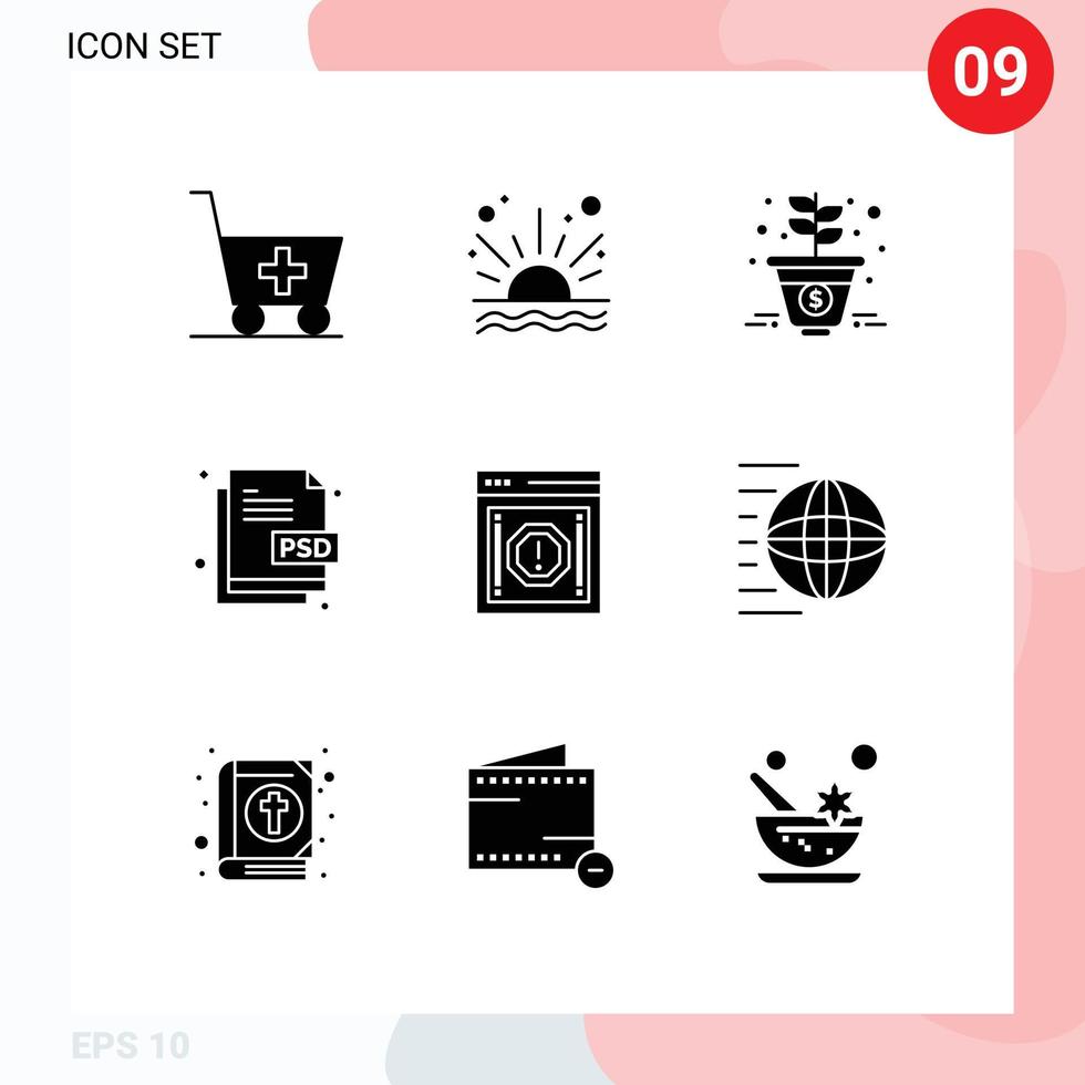 Group of 9 Modern Solid Glyphs Set for internet file type growth file design Editable Vector Design Elements