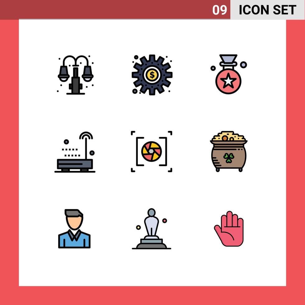 Pictogram Set of 9 Simple Filledline Flat Colors of camera sound work radio price Editable Vector Design Elements