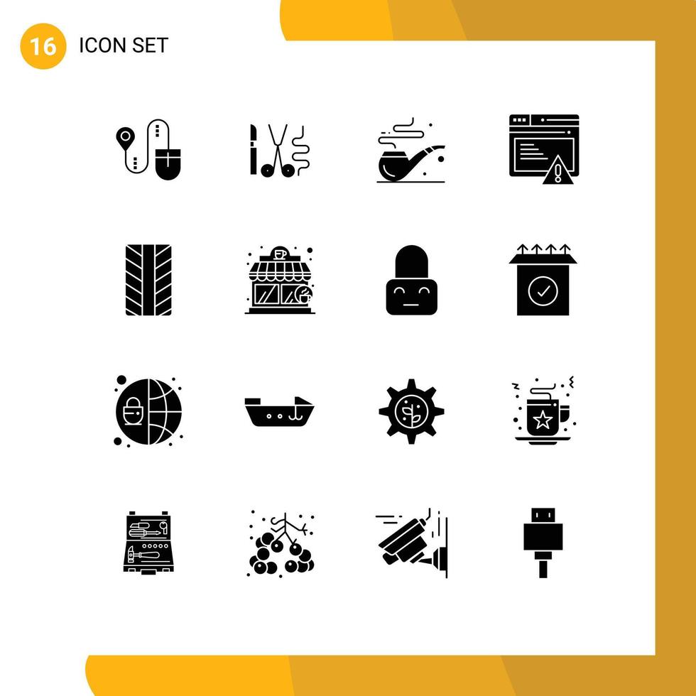 Set of 16 Vector Solid Glyphs on Grid for coffee house tires pipe alert web Editable Vector Design Elements