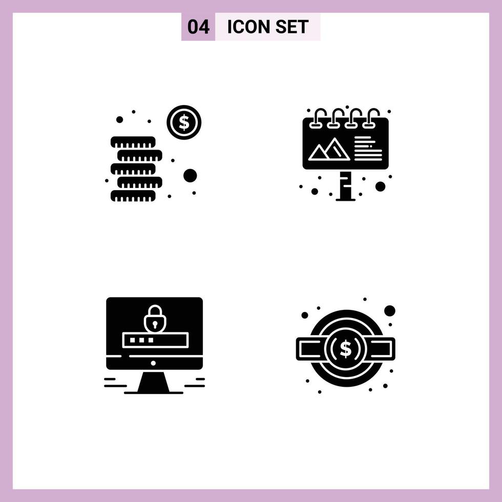 Modern Set of 4 Solid Glyphs and symbols such as cash lock investment billboard gear Editable Vector Design Elements